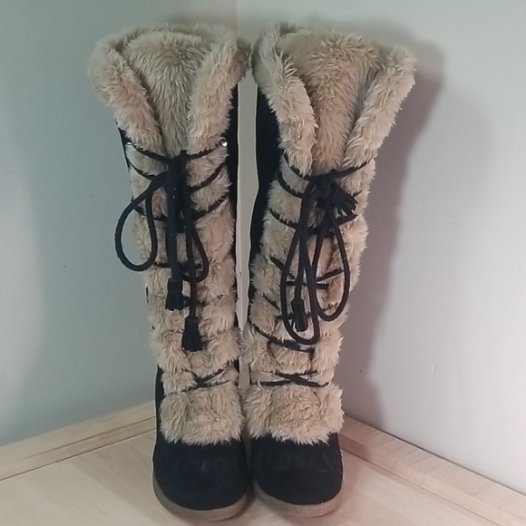 S E Boutique suede fur tall boots w size 8 - Picture 1 of 12